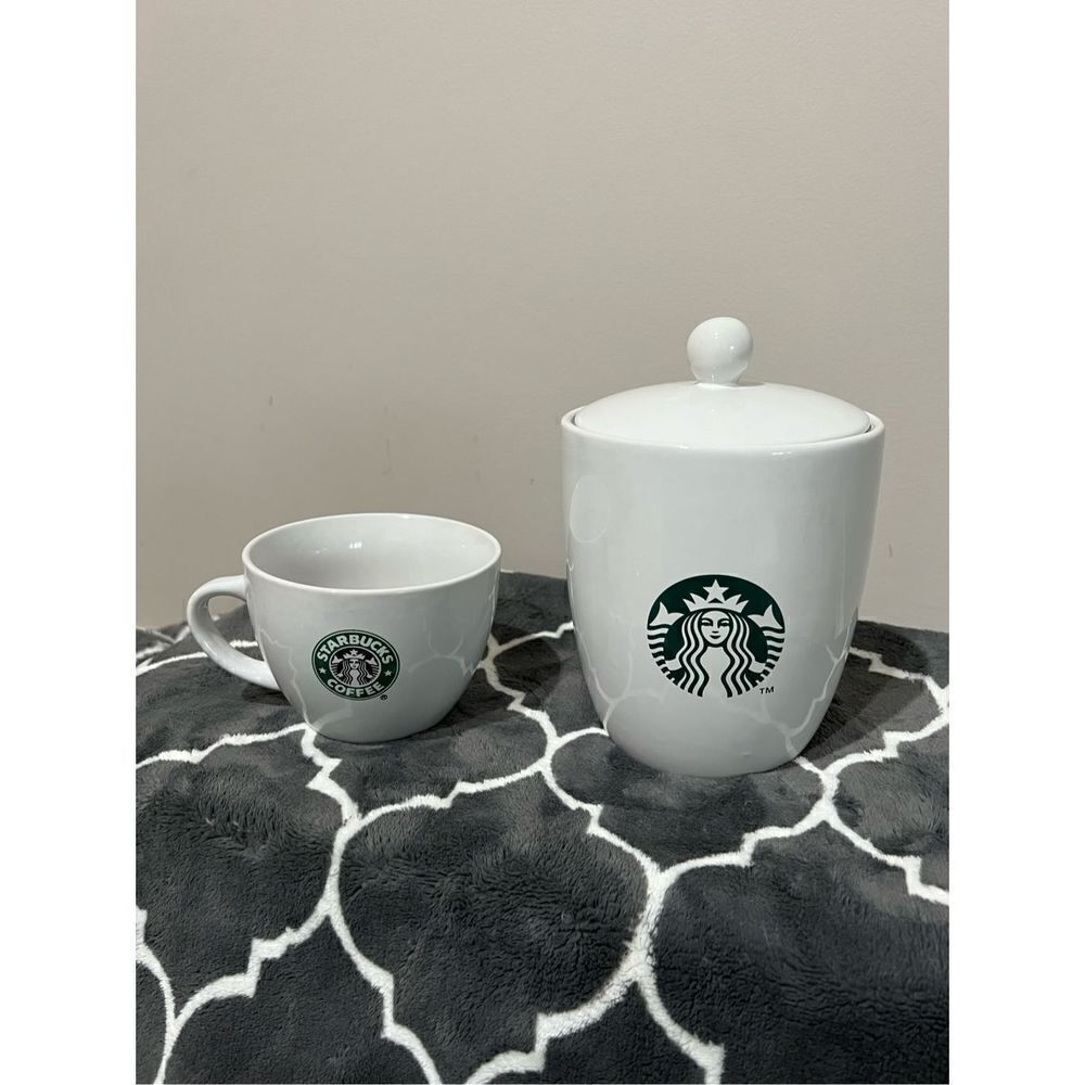 Starbucks set of 2: Coffee Logo Jar White Mermaid Container and cup